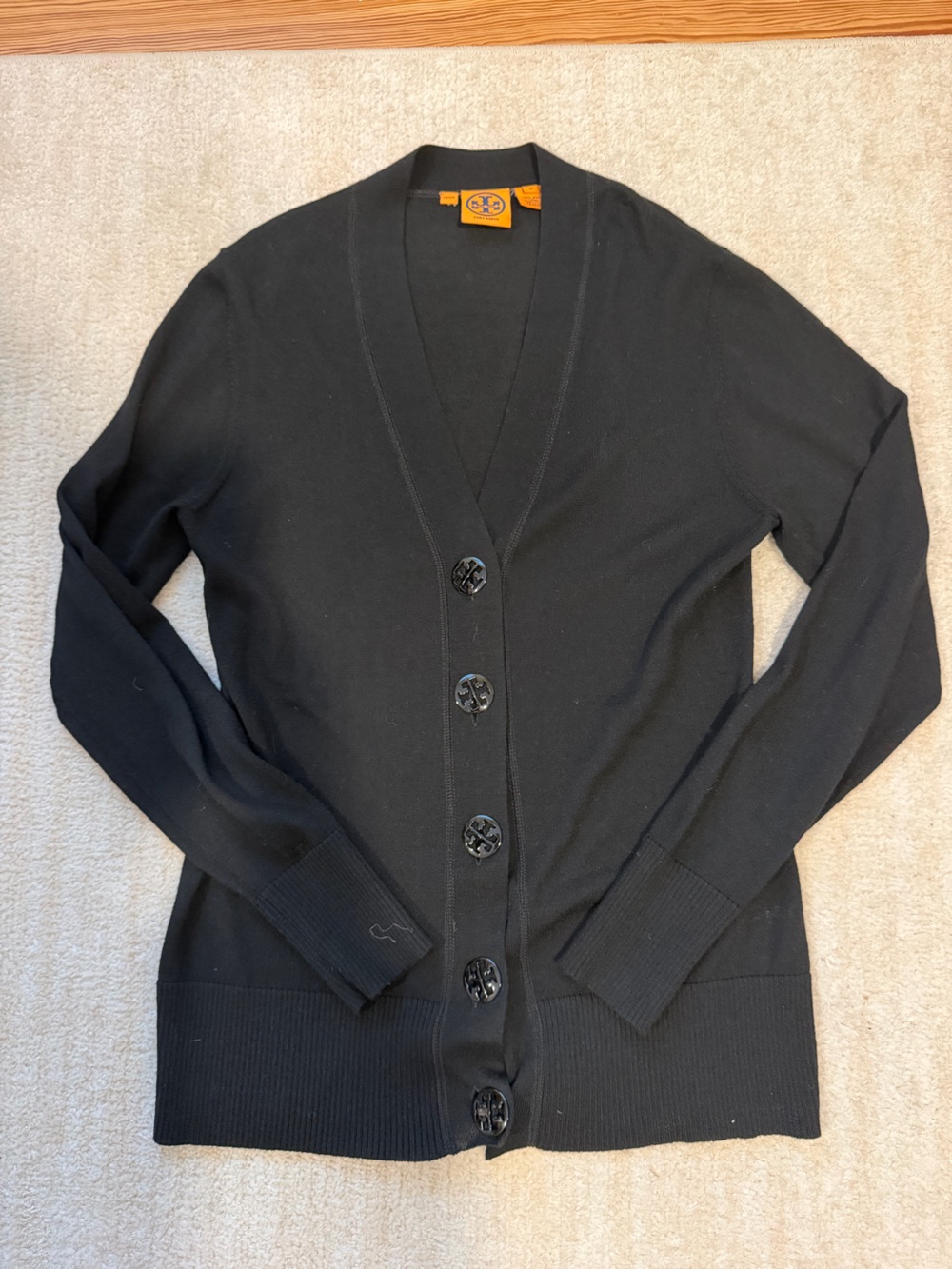 Tory Burch Black 100% Wool Cardigan with Orange Logo Label